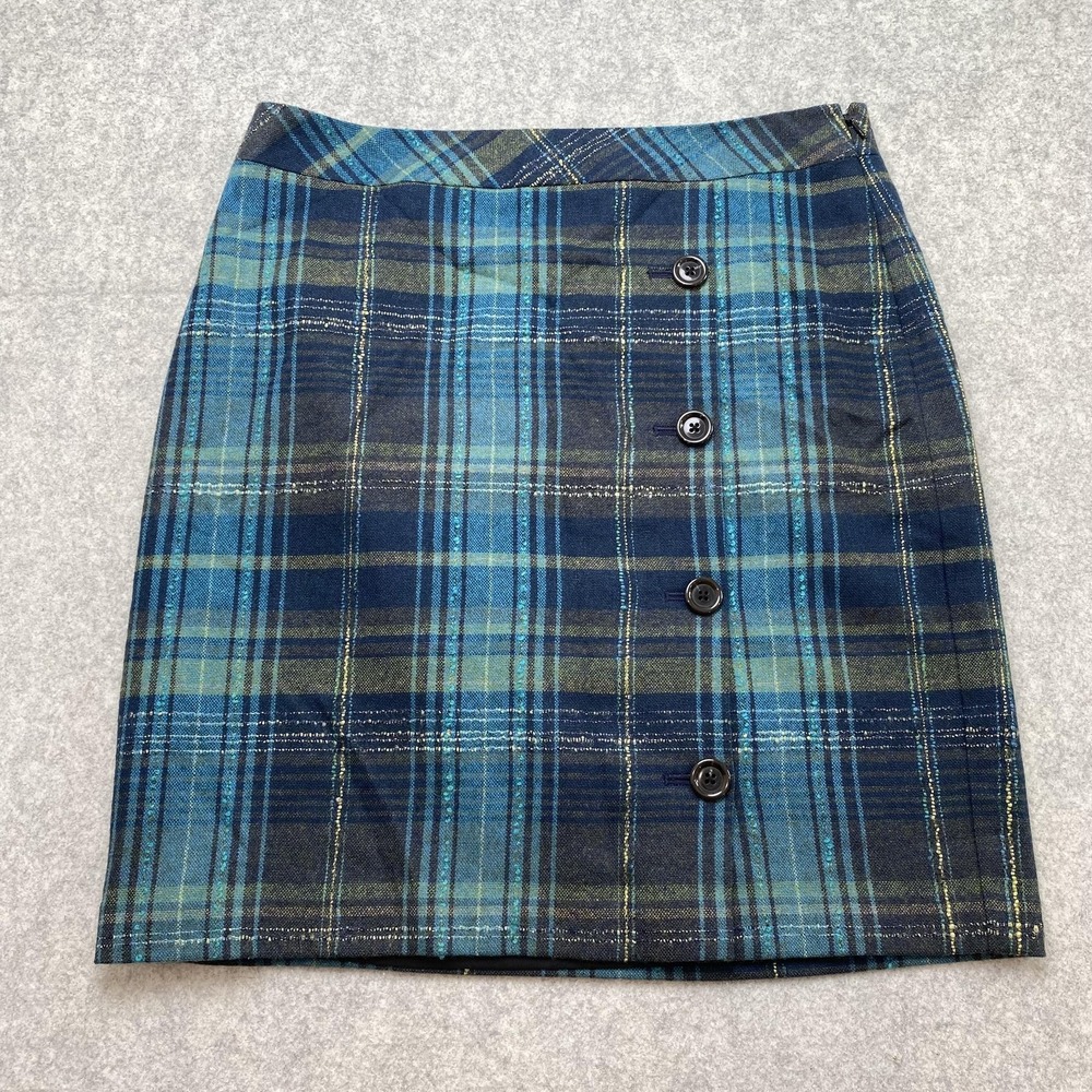 J. Jill Skirt Womens 12P Blue Plaid Tweed Button Pencil Knee Length Wool Blend